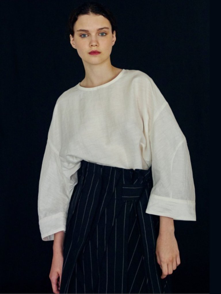 New The Keiji Linen Blend Boxy Top Drop Shoulder Bell 3/4 Sleeve High Low Xs